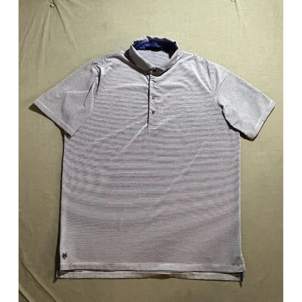 Greyson Performance Polo Shirt Men's L Blue Striped Wolf Logo Short Sleeve.